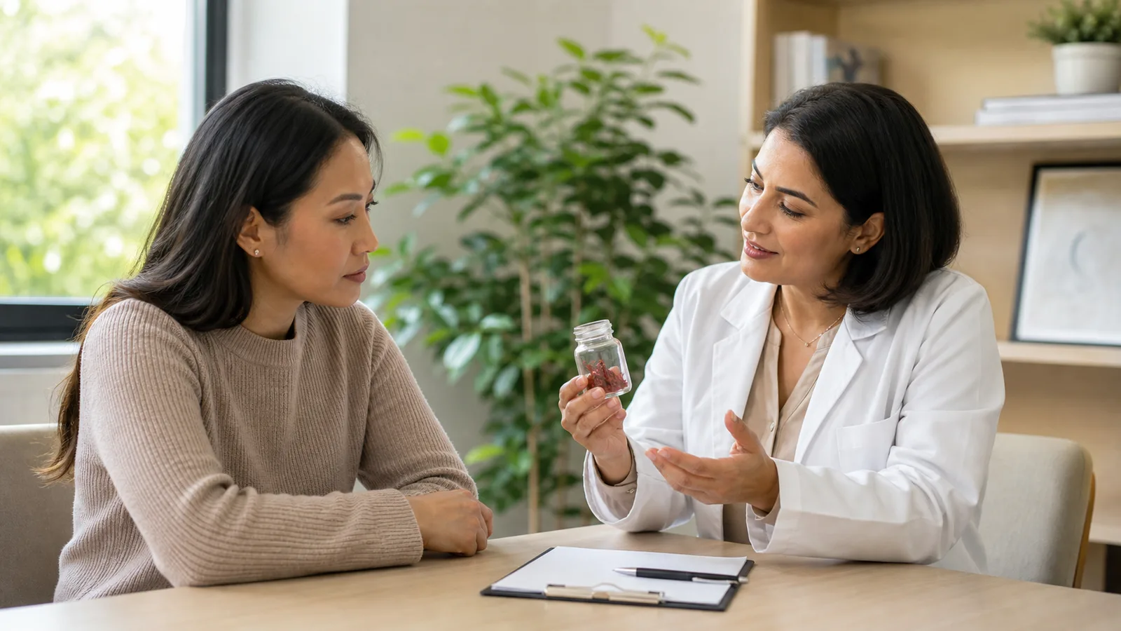 Parent discussing a jar of saffron threads with a healthcare professional