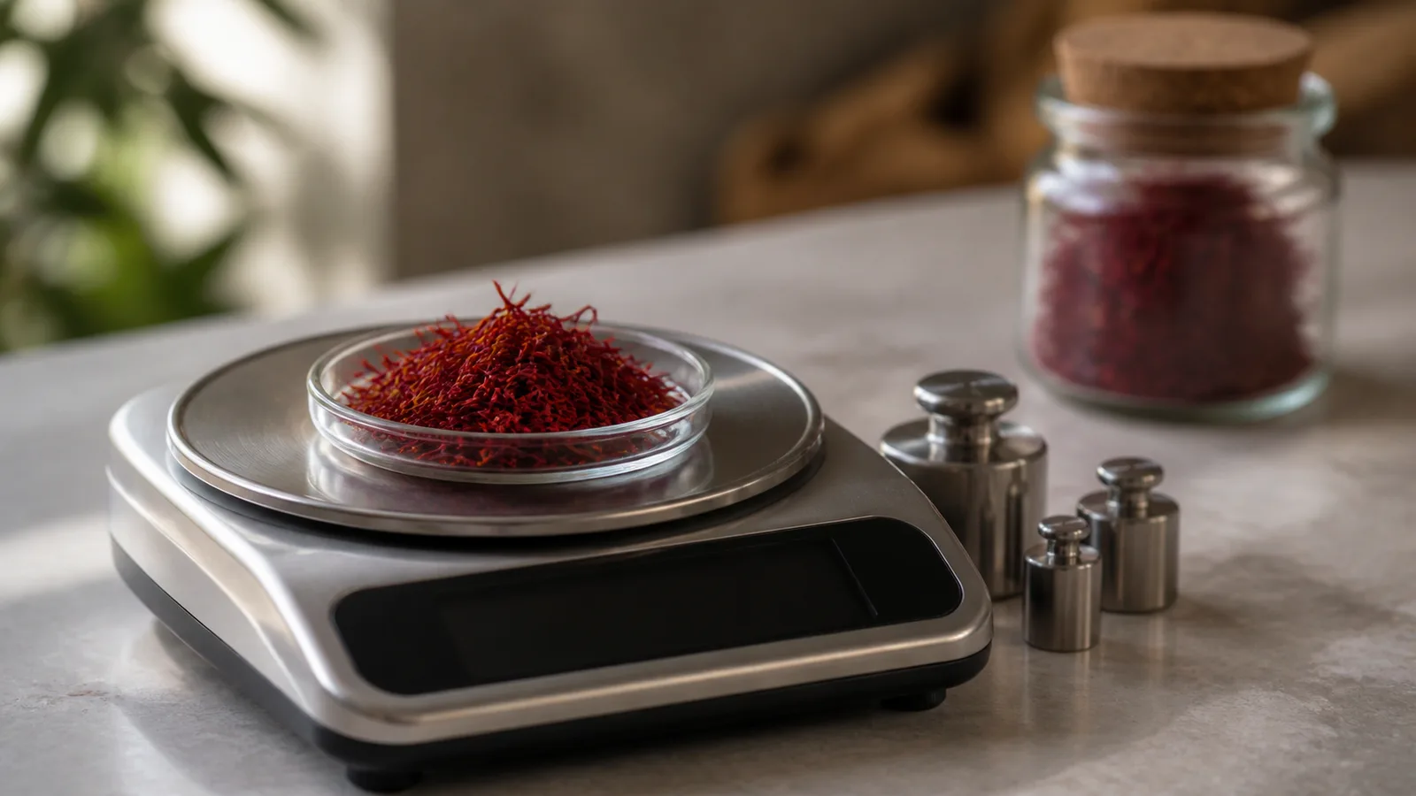Saffron threads in a glass dish on a precision scale with calibration weights