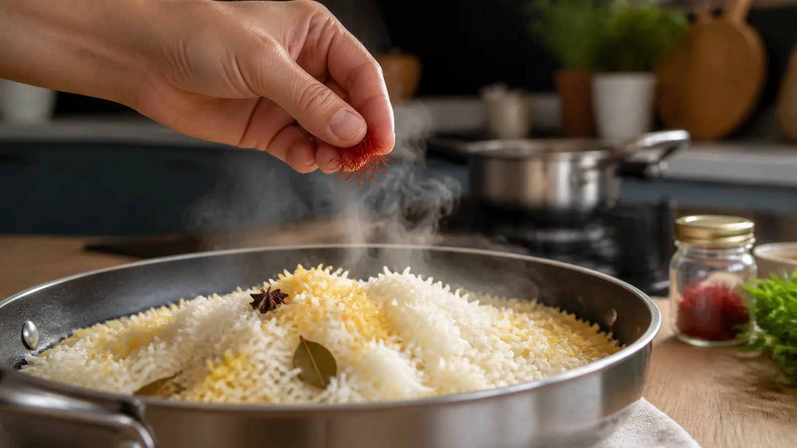 Cook adding a small pinch of saffron threads to a pan of rice