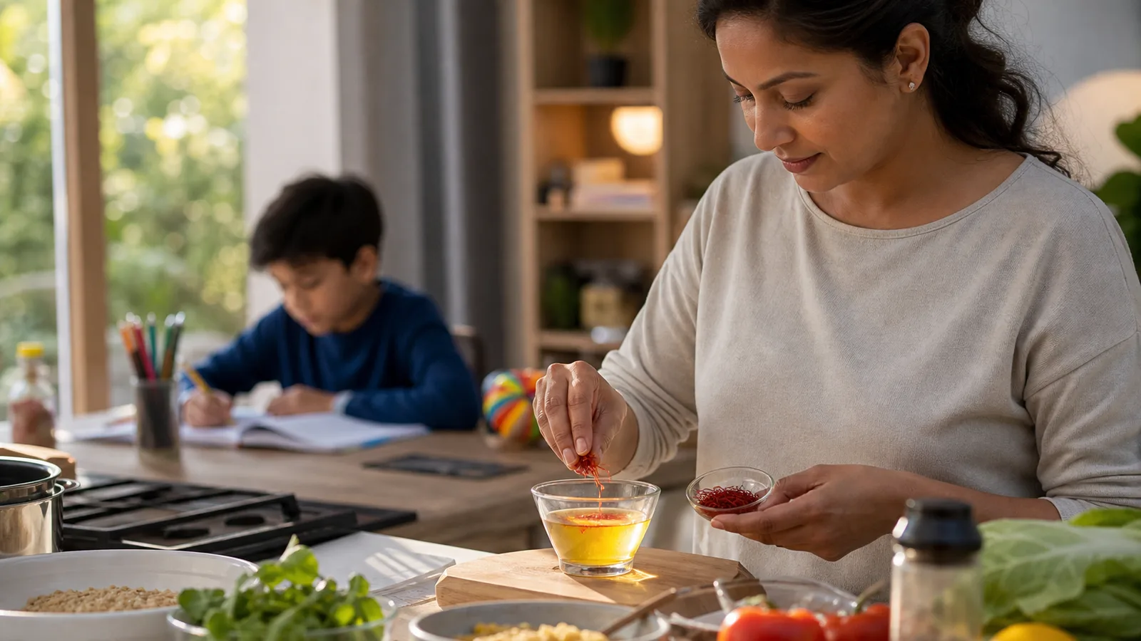 Parent preparing saffron in a kitchen while a child studies in the background