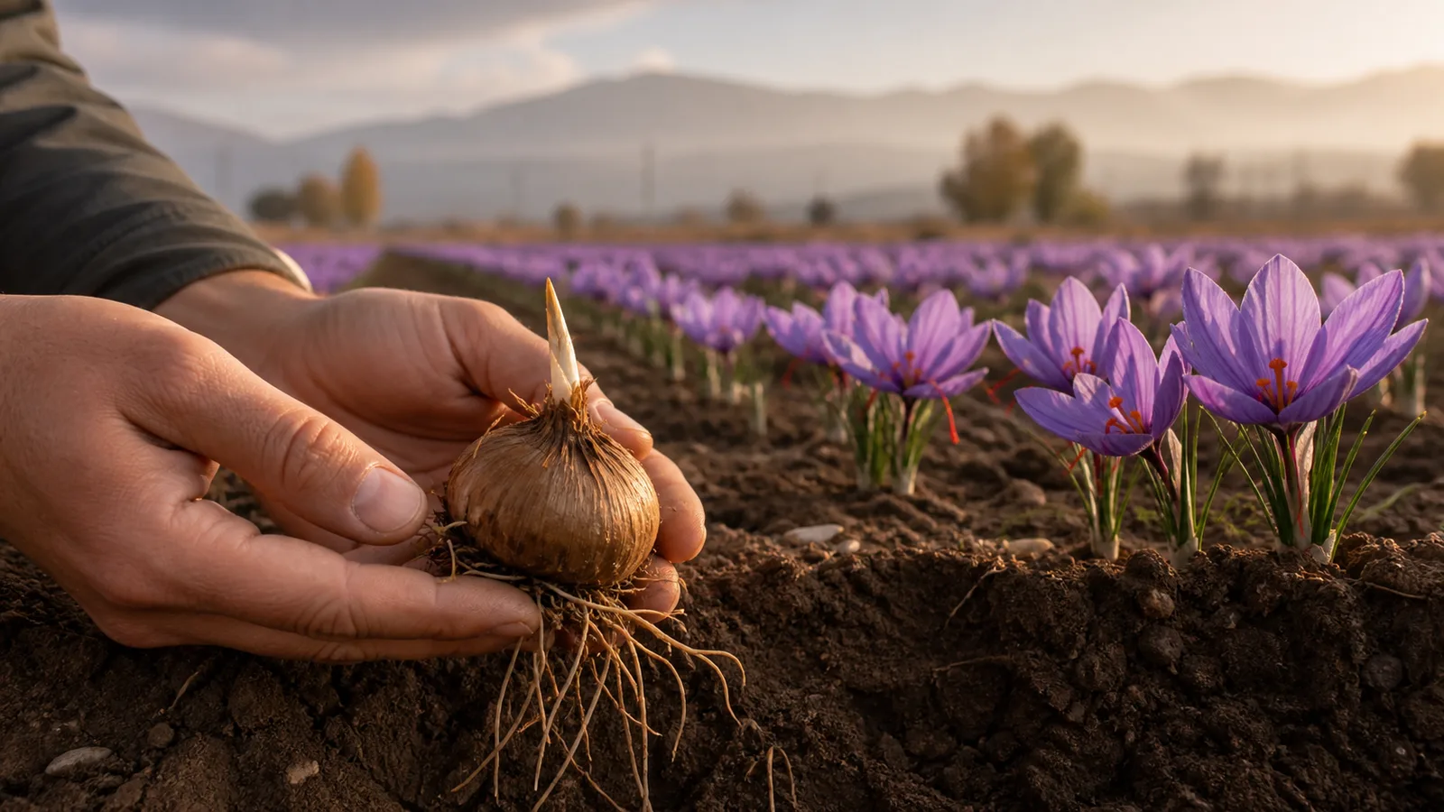 Healthy saffron corm with roots beside flowering Crocus sativus plants