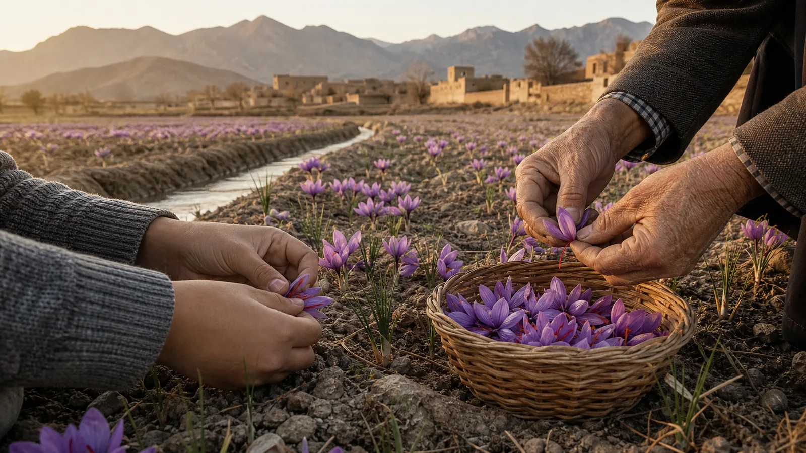 Two generations harvesting saffron flowers in an Iranian field