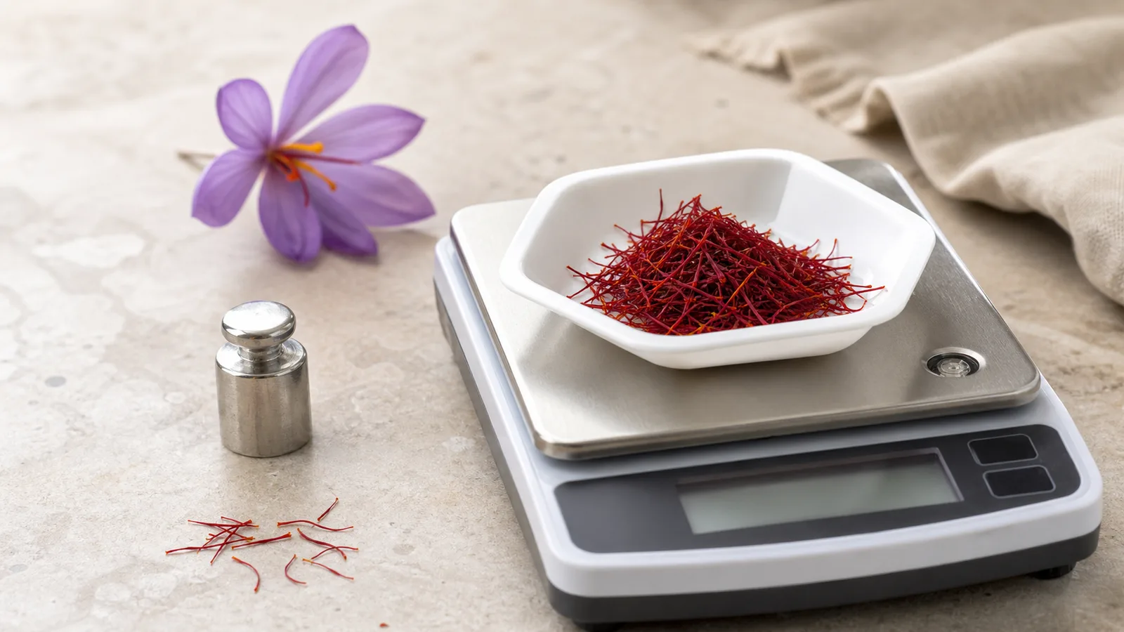 Saffron threads on a precision scale beside a calibration weight