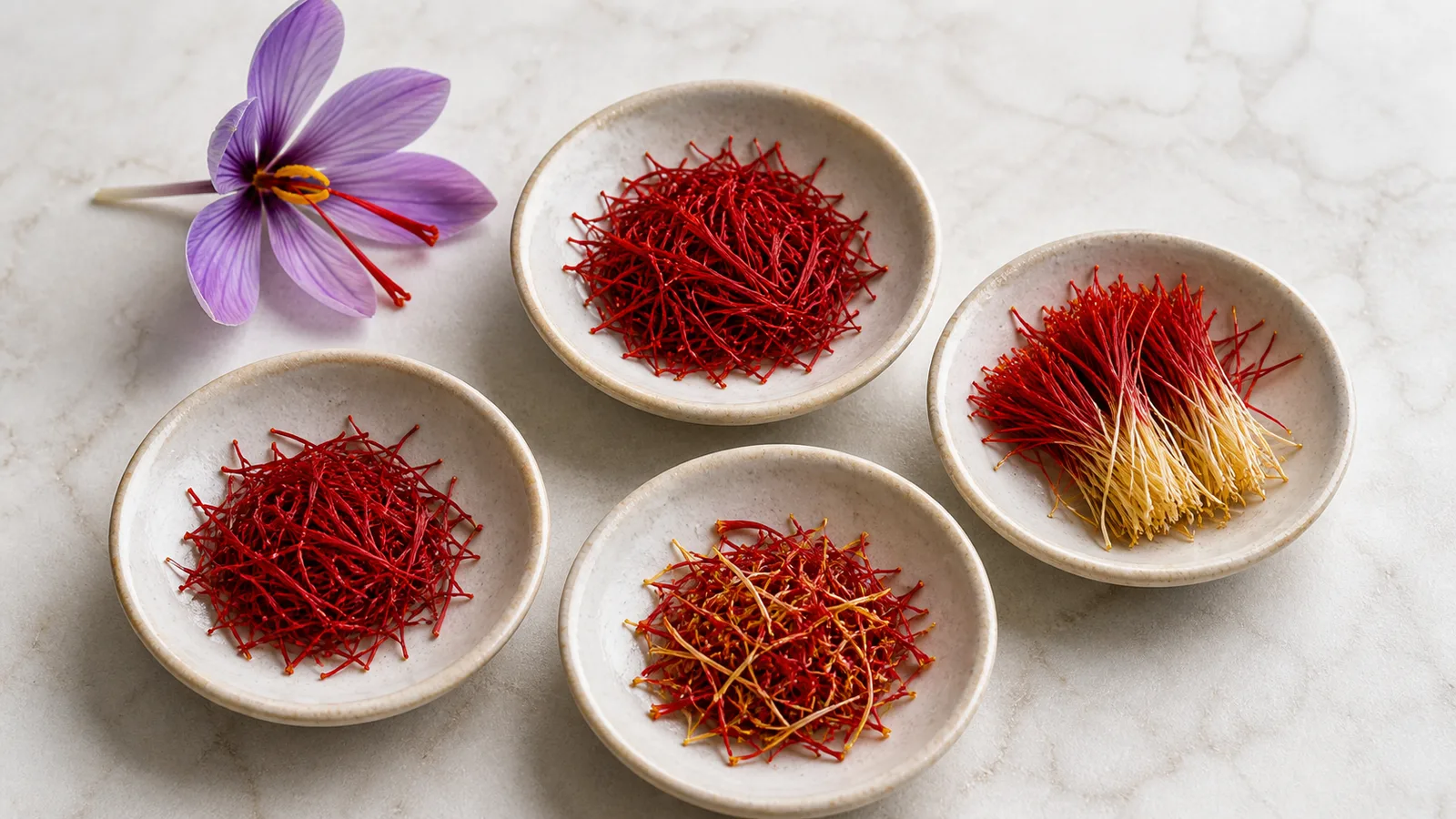 Four Iranian saffron thread types arranged in ceramic dishes