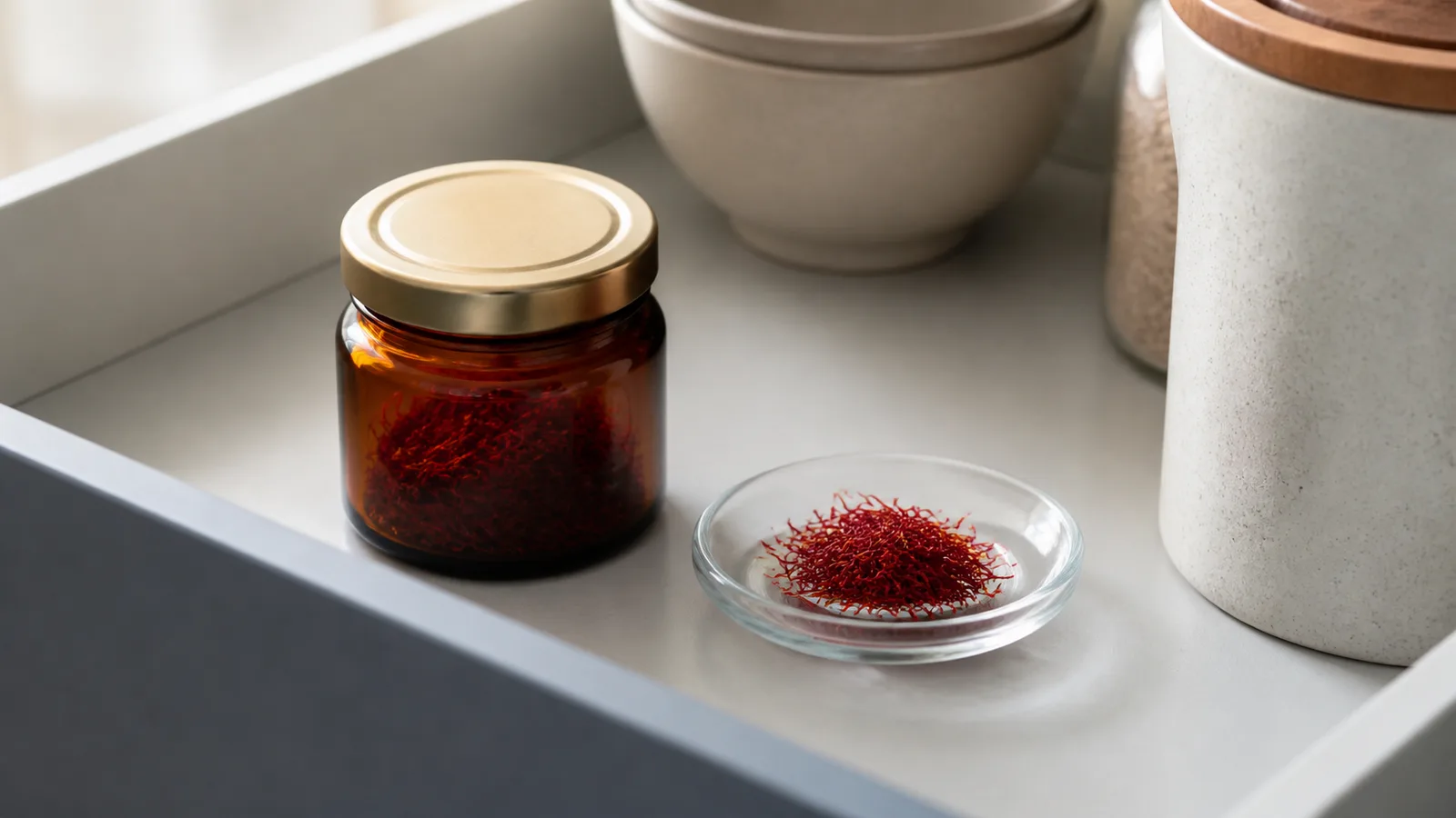 Saffron threads stored in an airtight amber glass jar in a pantry