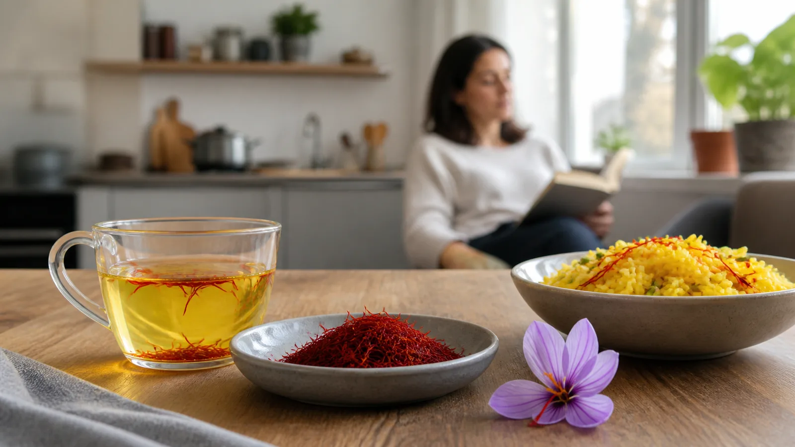 Saffron tea, threads and rice in a modern home kitchen
