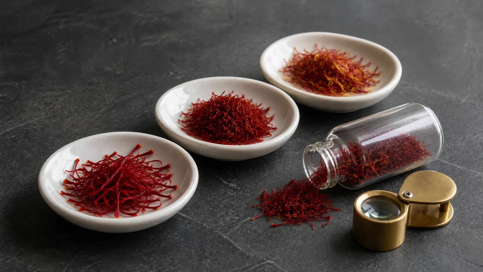 Different saffron trade grades compared in white dishes