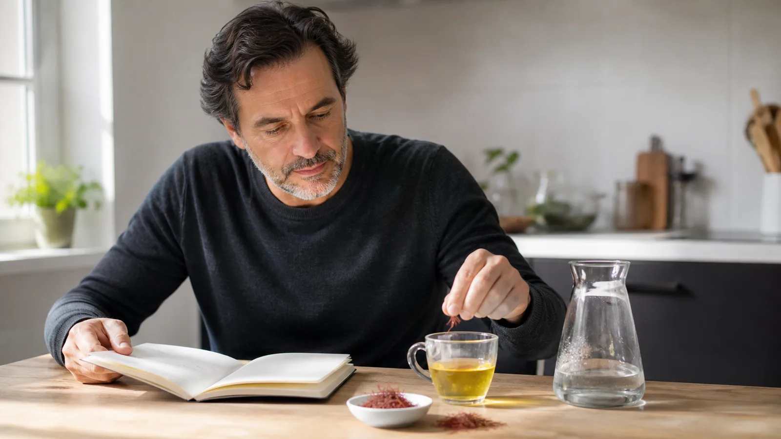 Adult reading while preparing a cup of saffron infusion