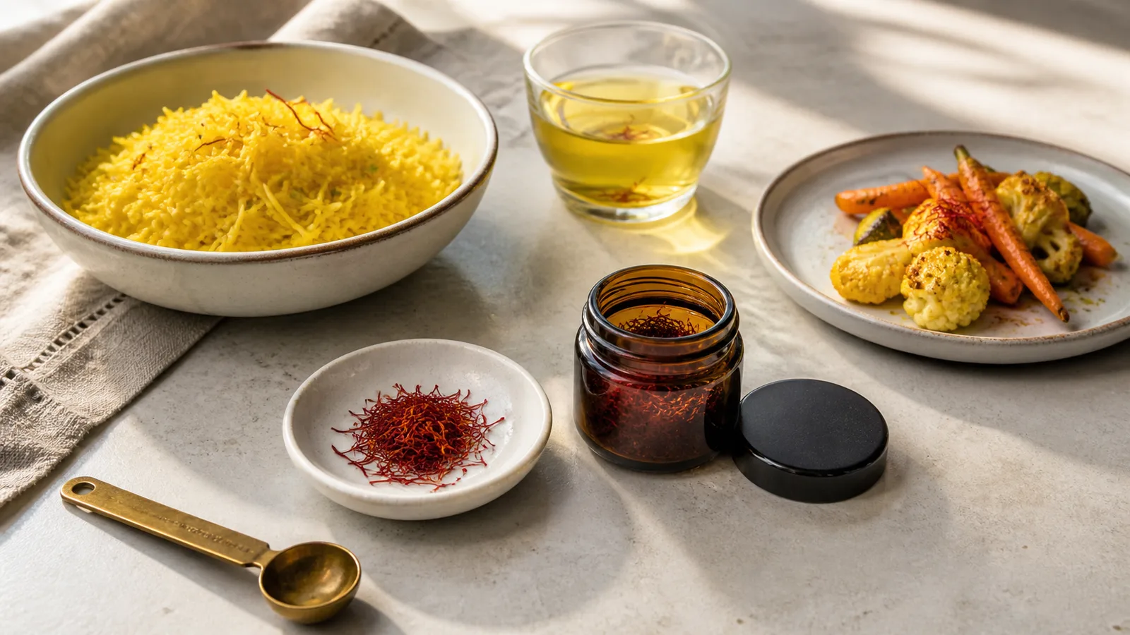 Saffron threads with rice, infusion and roasted vegetables
