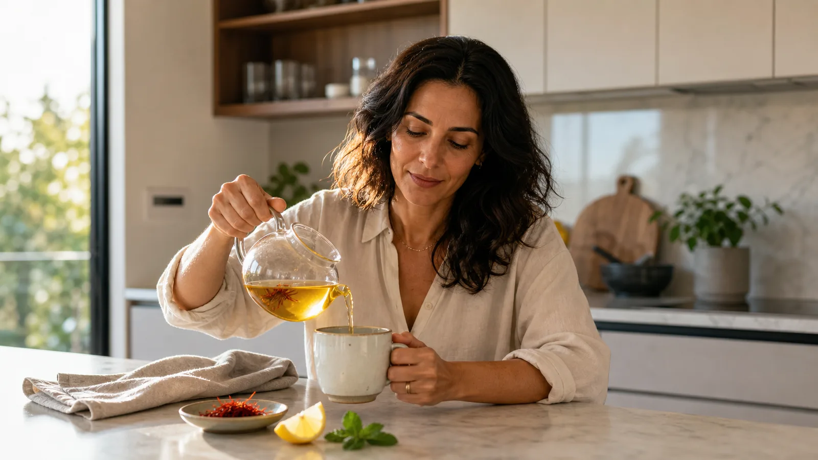 Woman pouring saffron tea in a modern kitchen