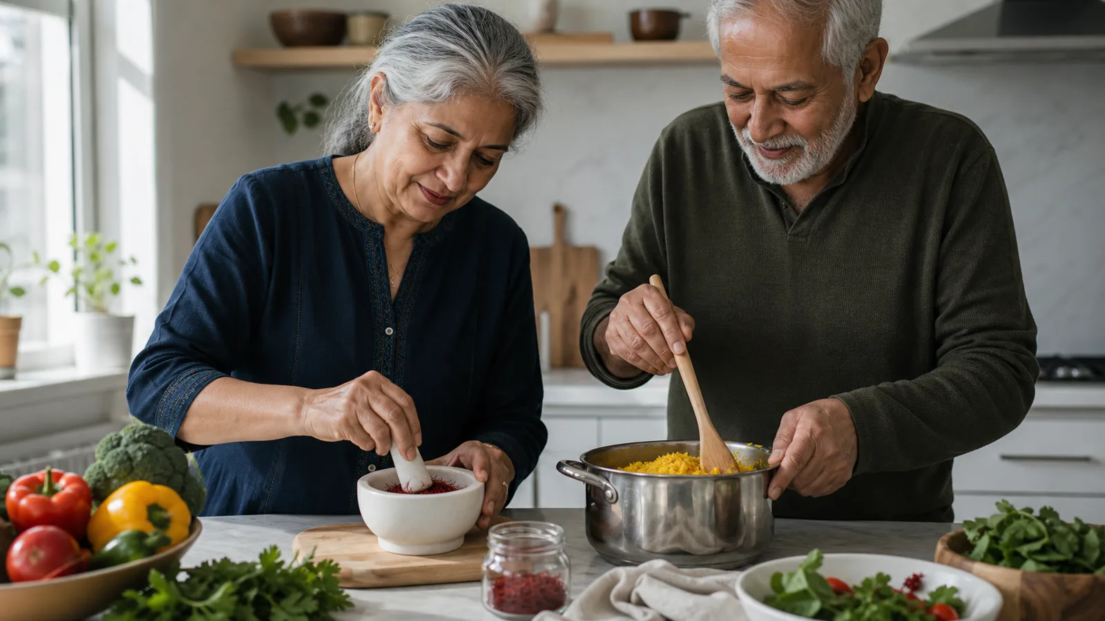 Older couple preparing saffron rice in a modern kitchen
