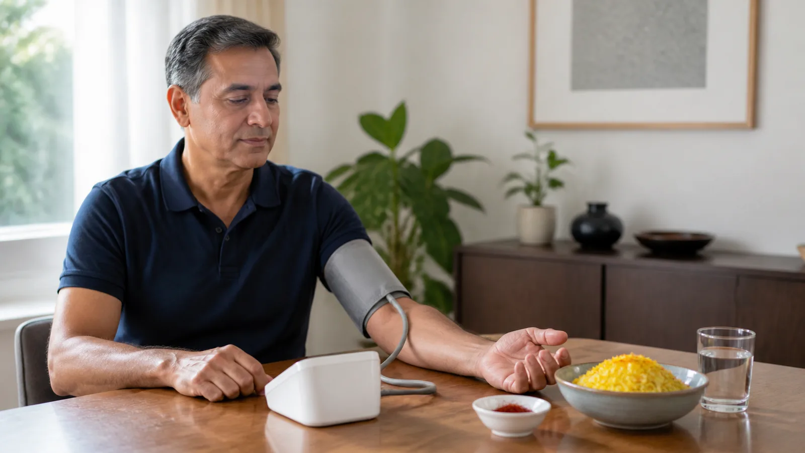 Adult checking blood pressure beside a saffron meal