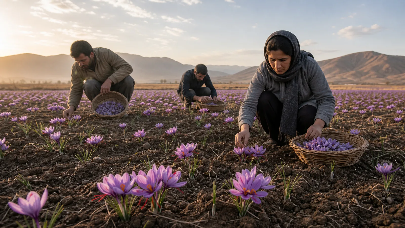 Farm workers harvesting saffron flowers in a highland field