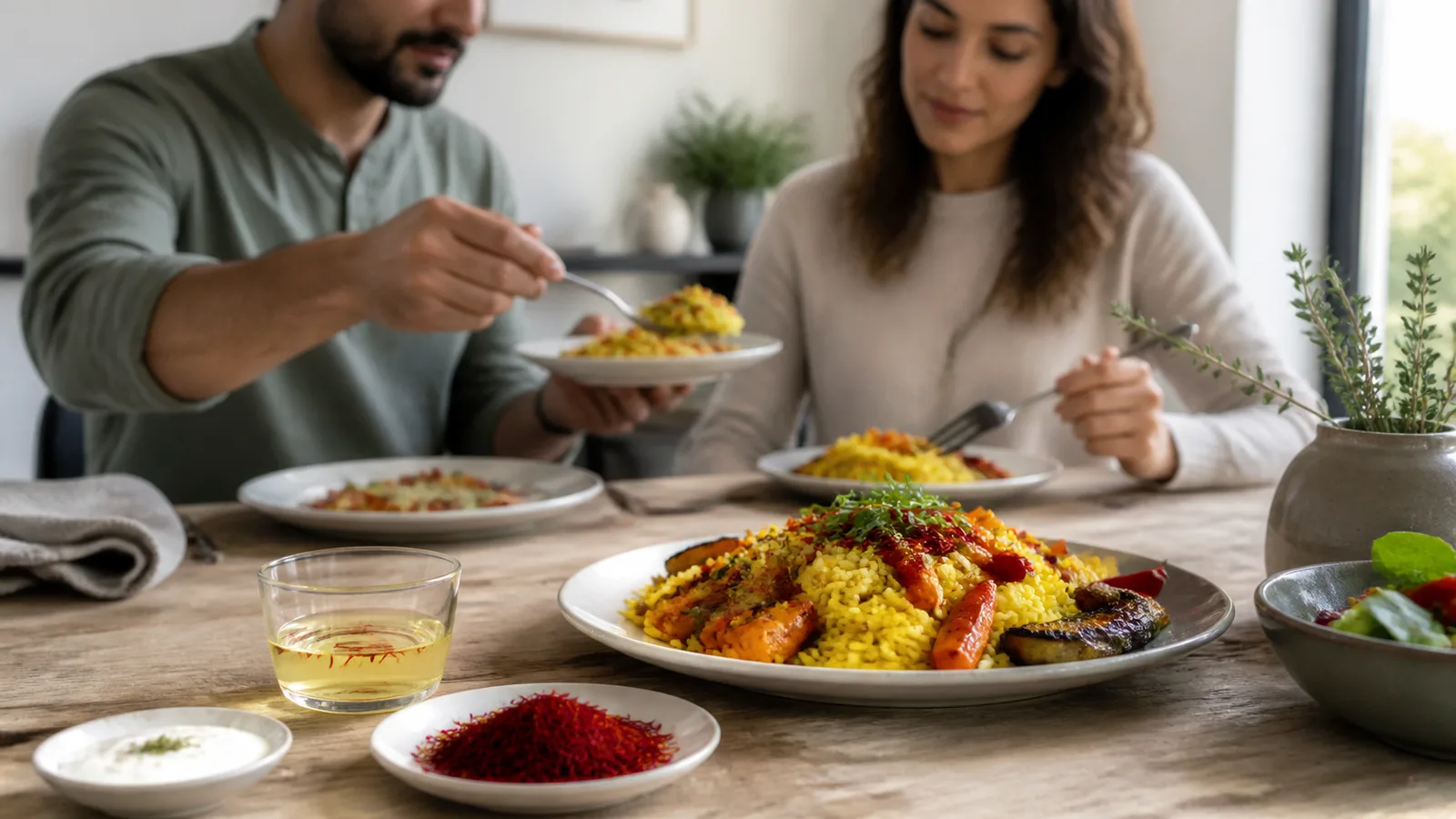Adults sharing saffron rice with whole saffron threads on the table