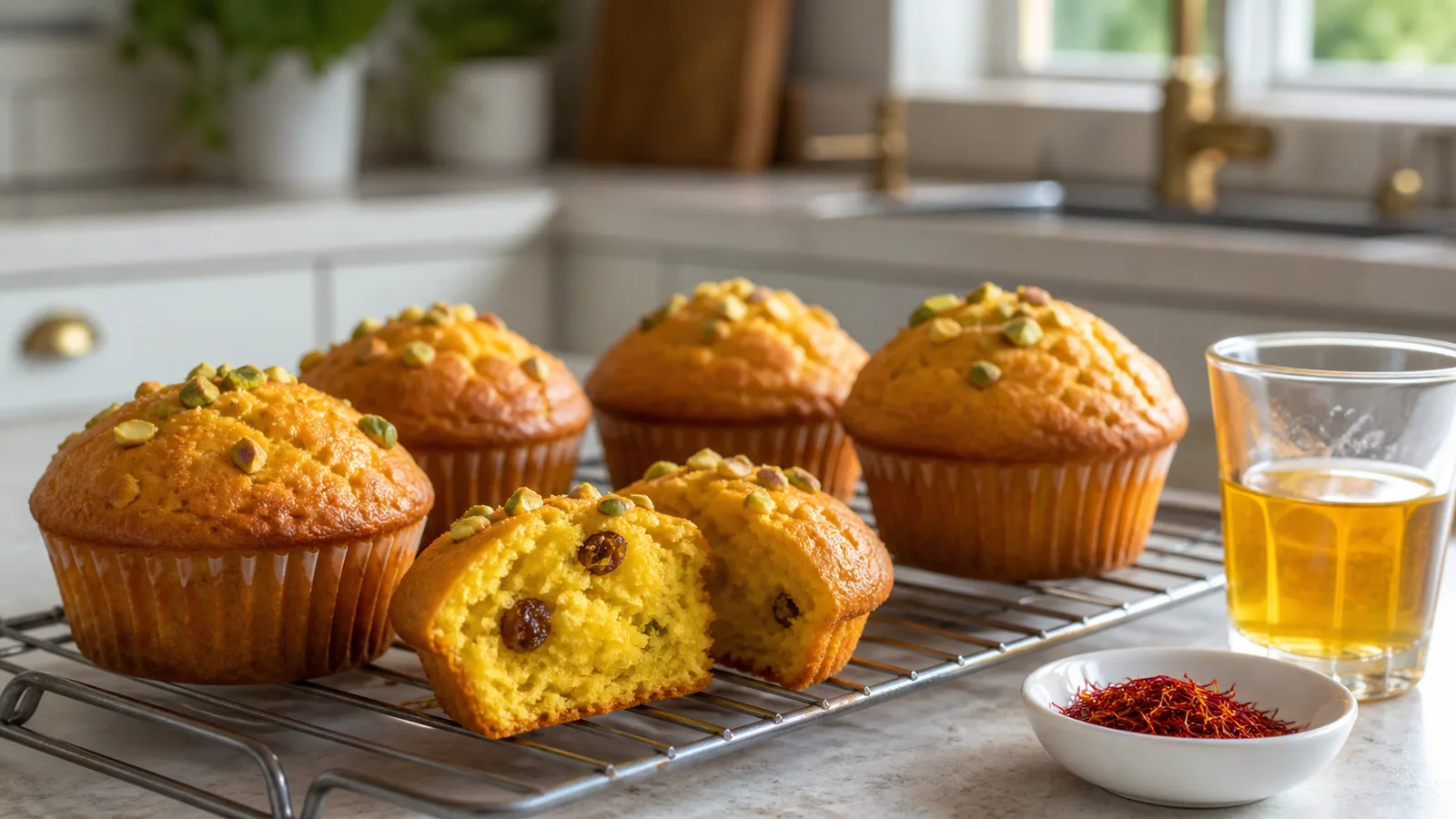 Golden saffron muffins with raisins, pistachios and saffron threads