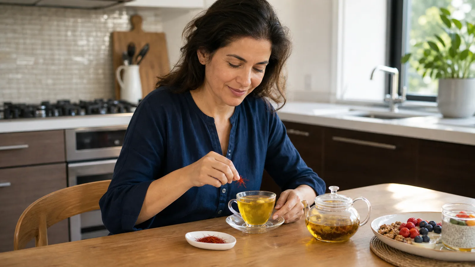 Woman preparing saffron tea with red saffron threads at breakfast