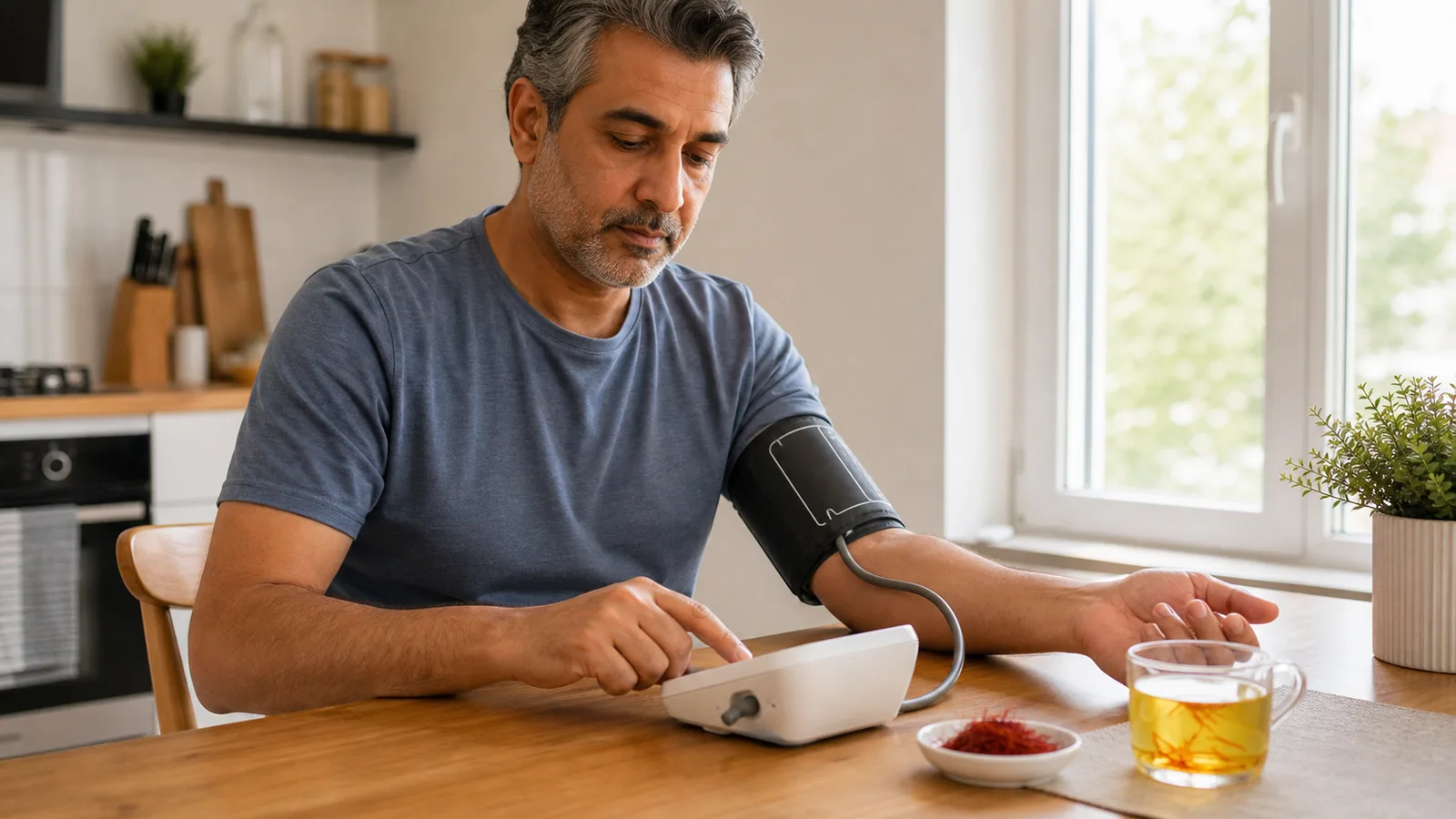 Man checking blood pressure beside saffron threads and saffron tea