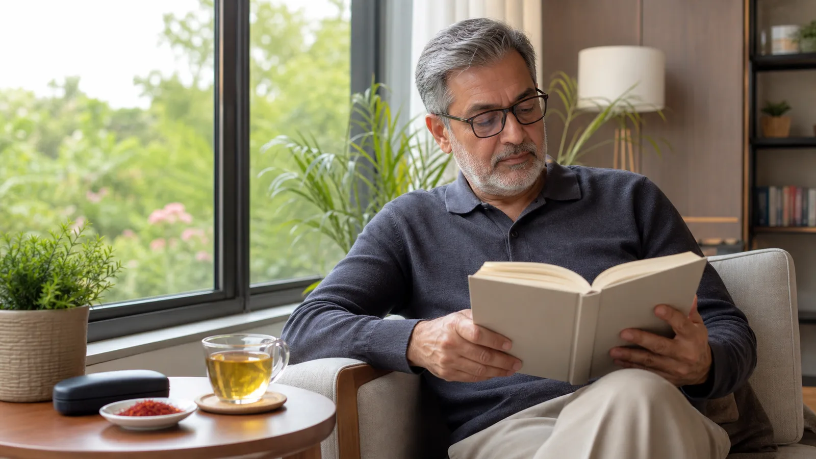 Mature man reading with glasses beside saffron threads and tea
