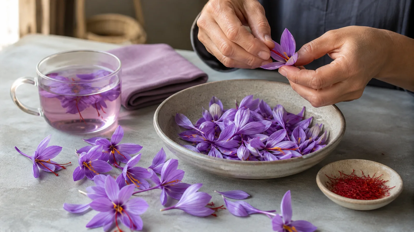 Hands separating purple saffron petals from red saffron threads