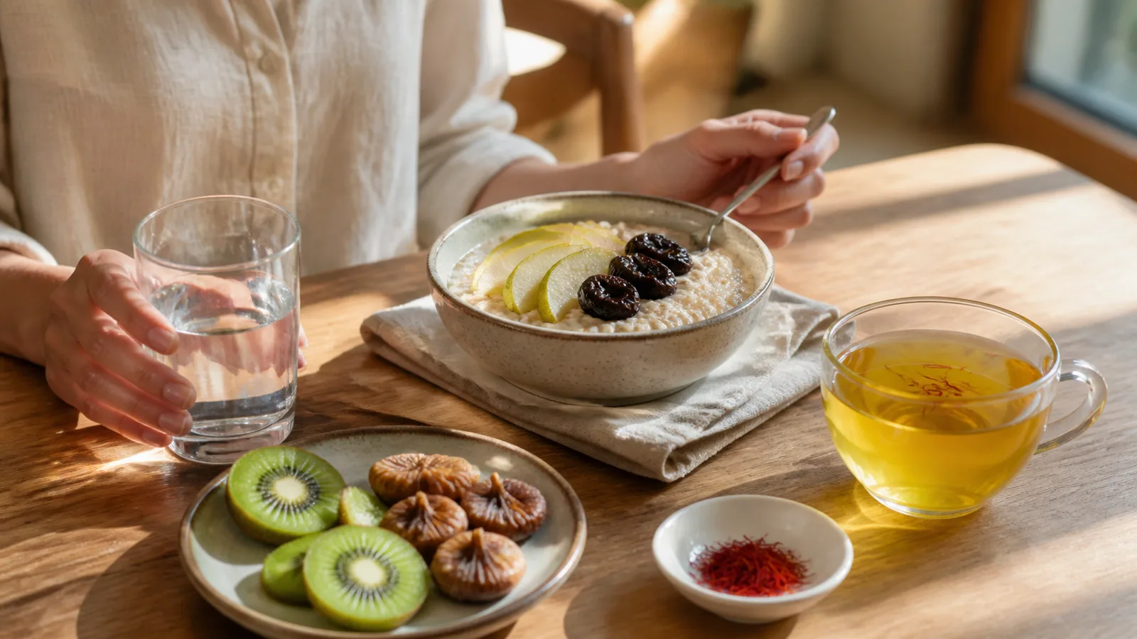 Oatmeal, pears, prunes, kiwi, water and saffron tea for constipation support