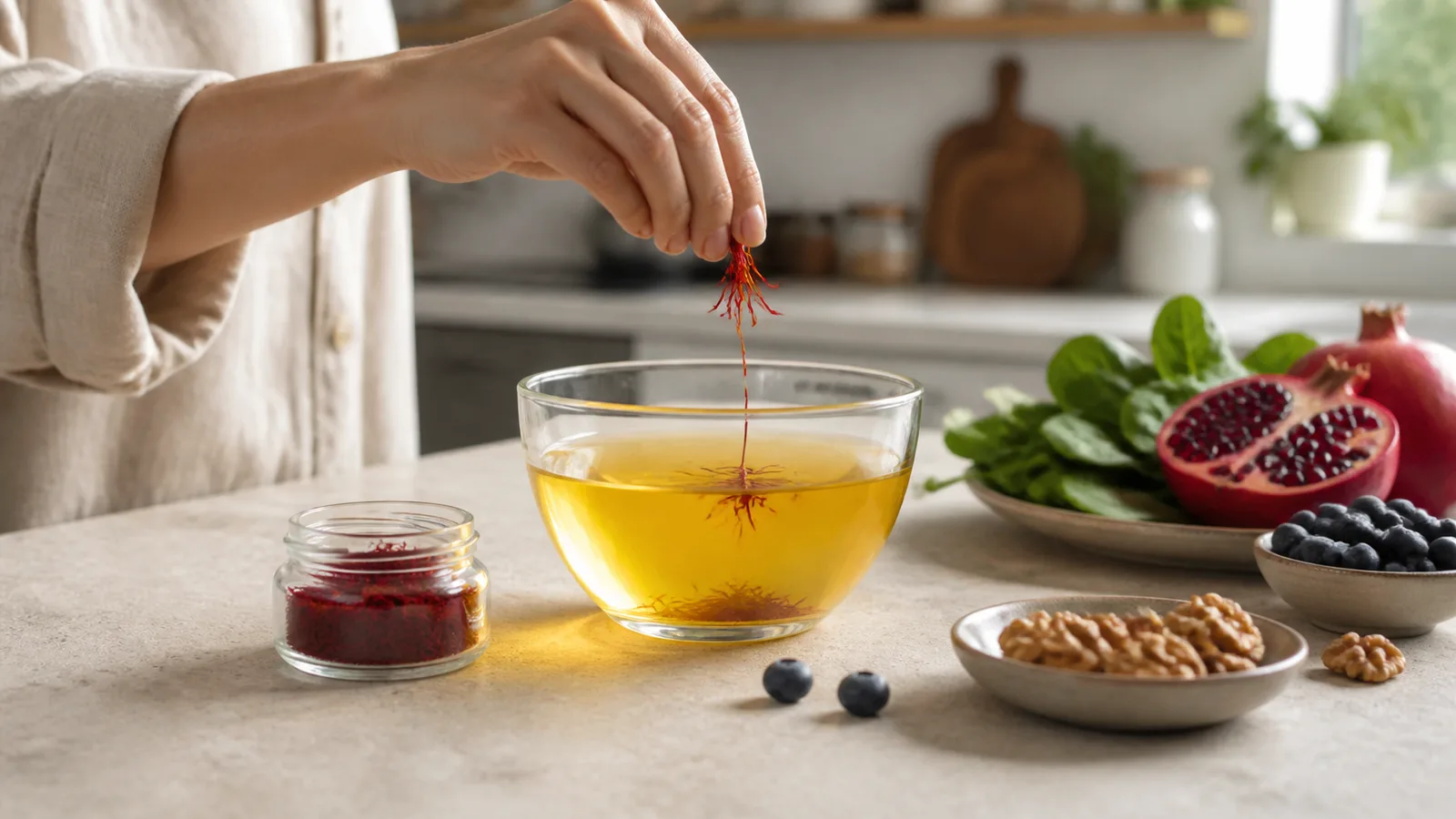 Saffron threads blooming beside pomegranate, blueberries, greens and walnuts