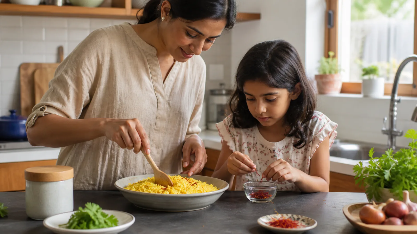 Adult and child cooking saffron rice together in a modern kitchen