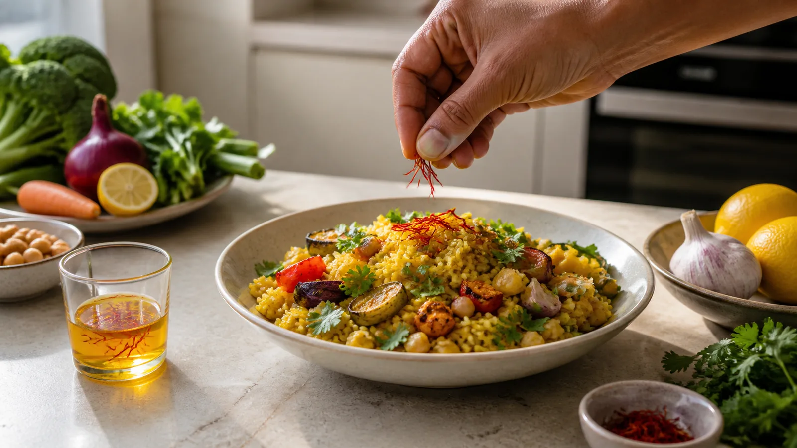 Saffron threads added to lentil rice with vegetables and chickpeas