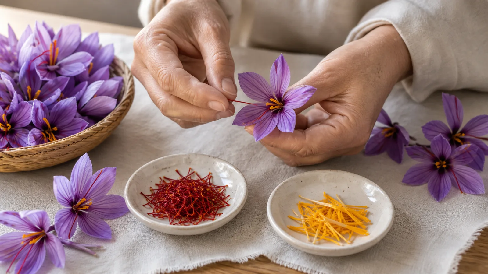 Yellow saffron stamens separated from red stigmas during flower harvest