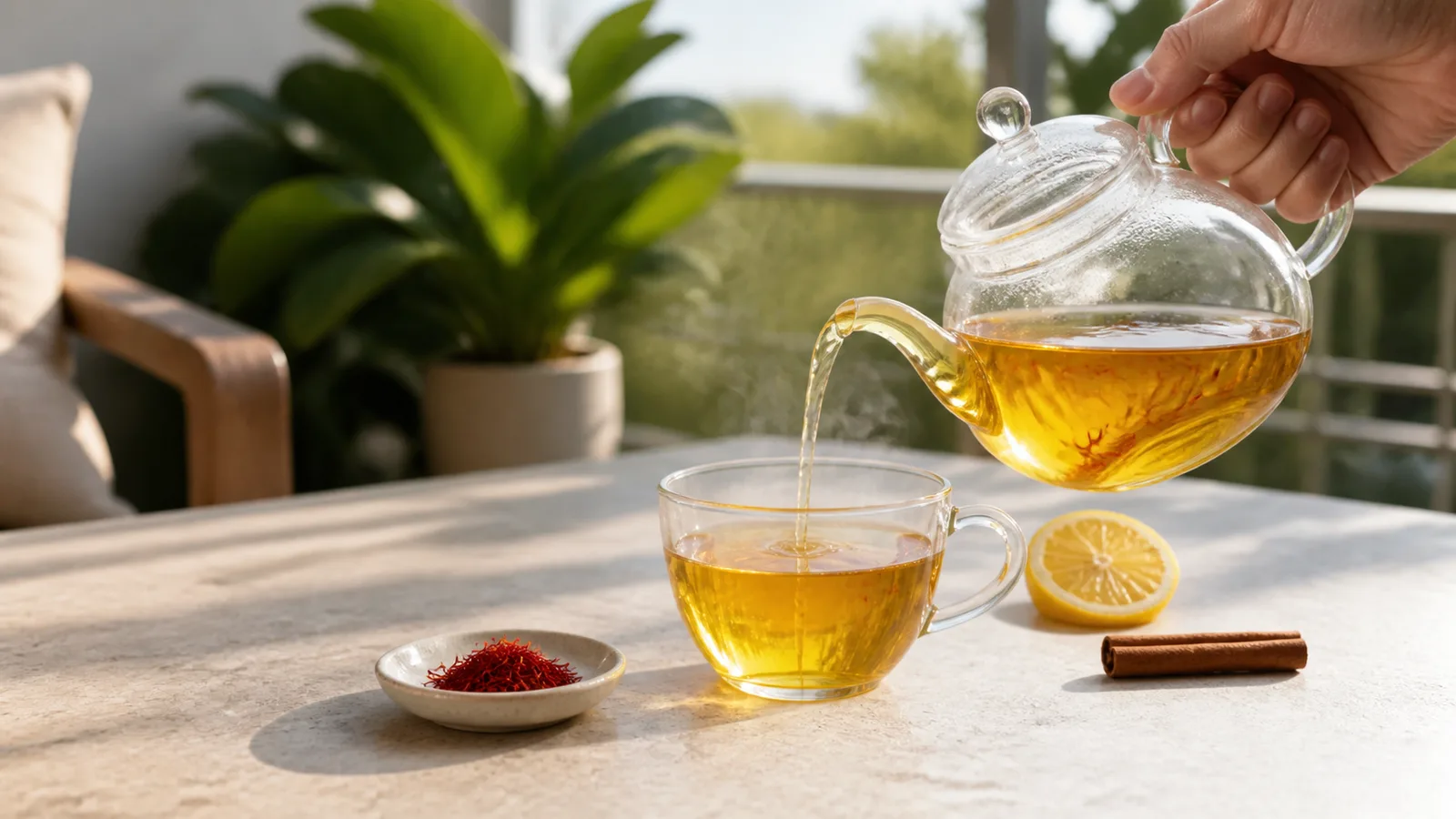 Clear glass of golden saffron tea beside real saffron threads
