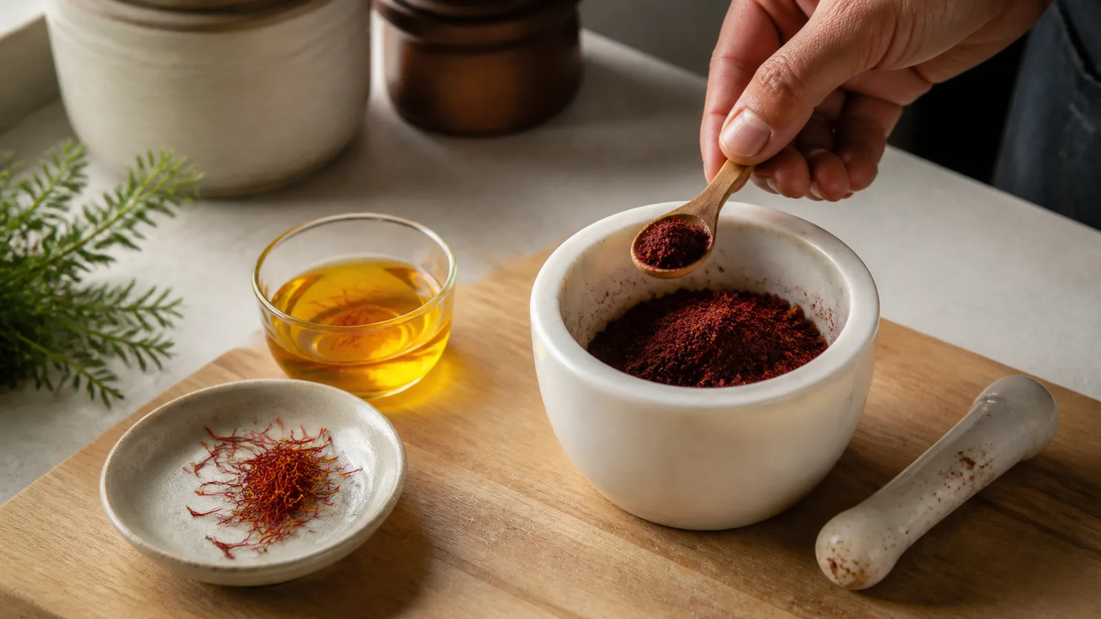 Pure saffron powder in a small bowl beside whole red saffron threads