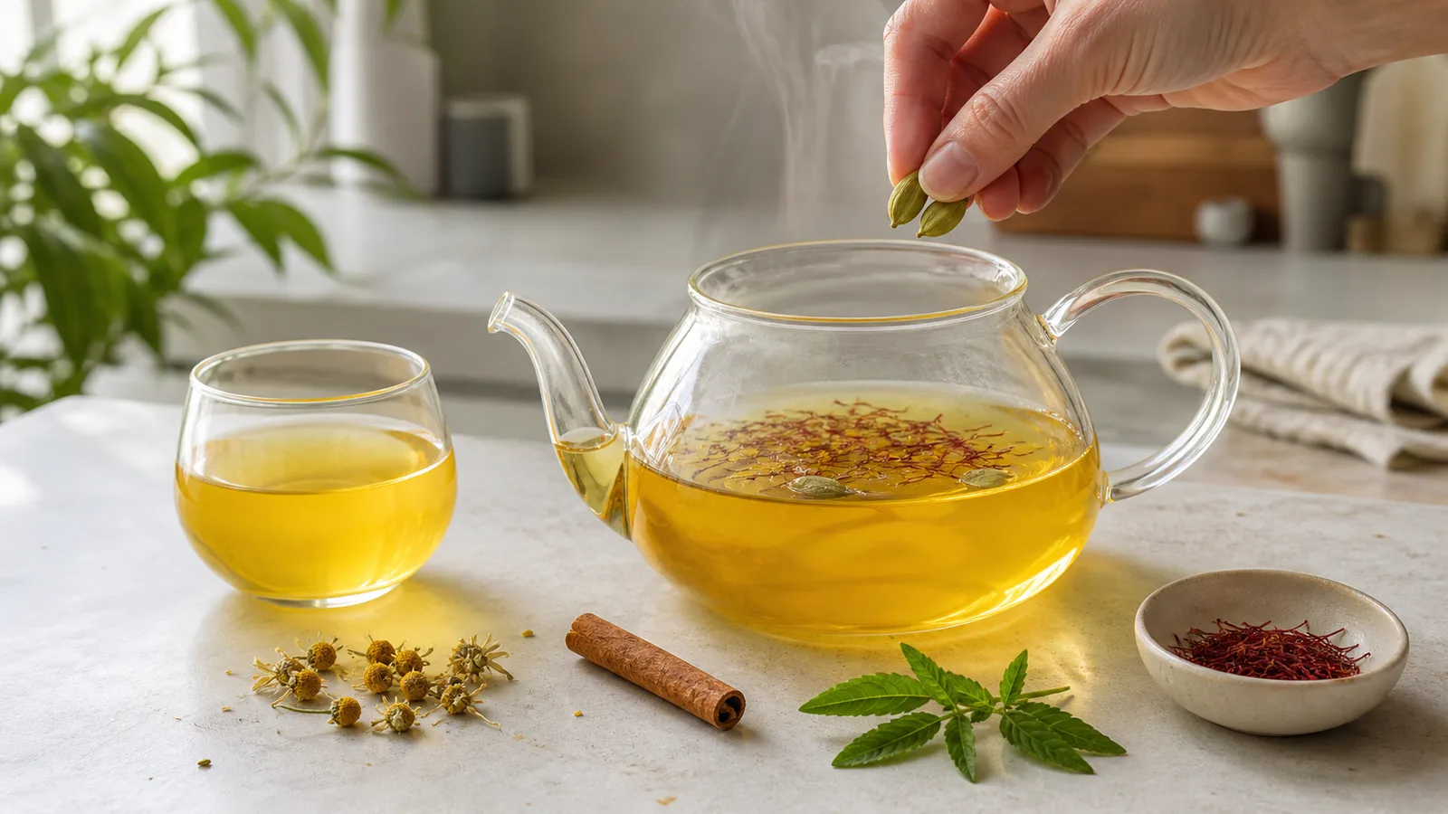 Golden saffron herbal infusion with chamomile, cinnamon, cardamom and lemon verbena
