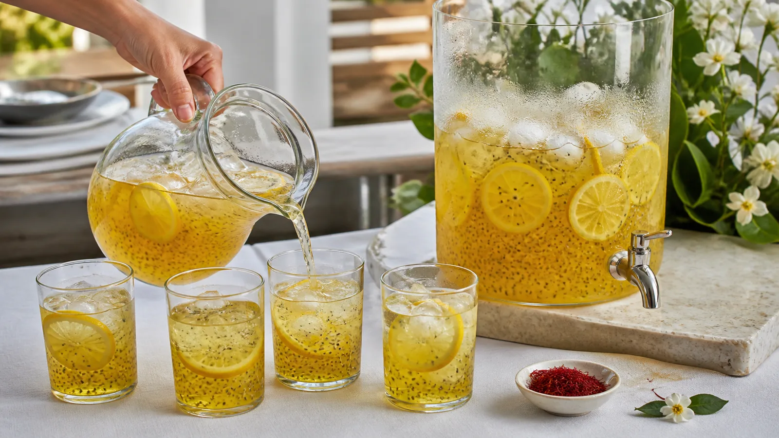 Chilled saffron syrup with lemon, basil seeds and real saffron threads