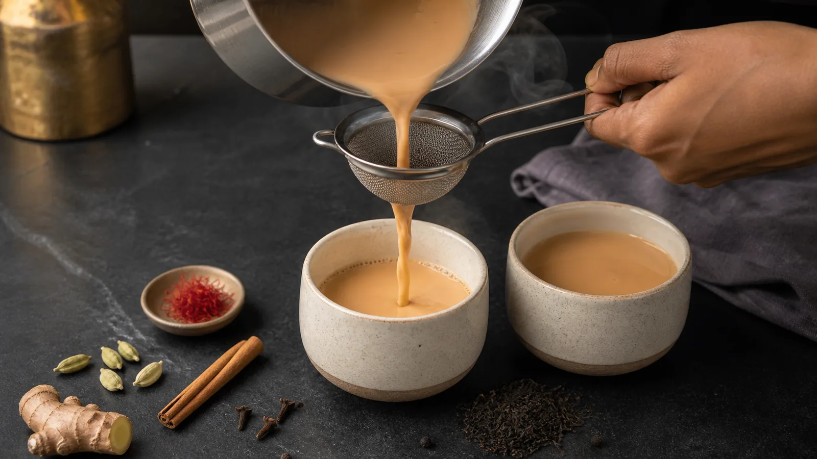 Two cups of saffron masala tea with cardamom, ginger and cinnamon