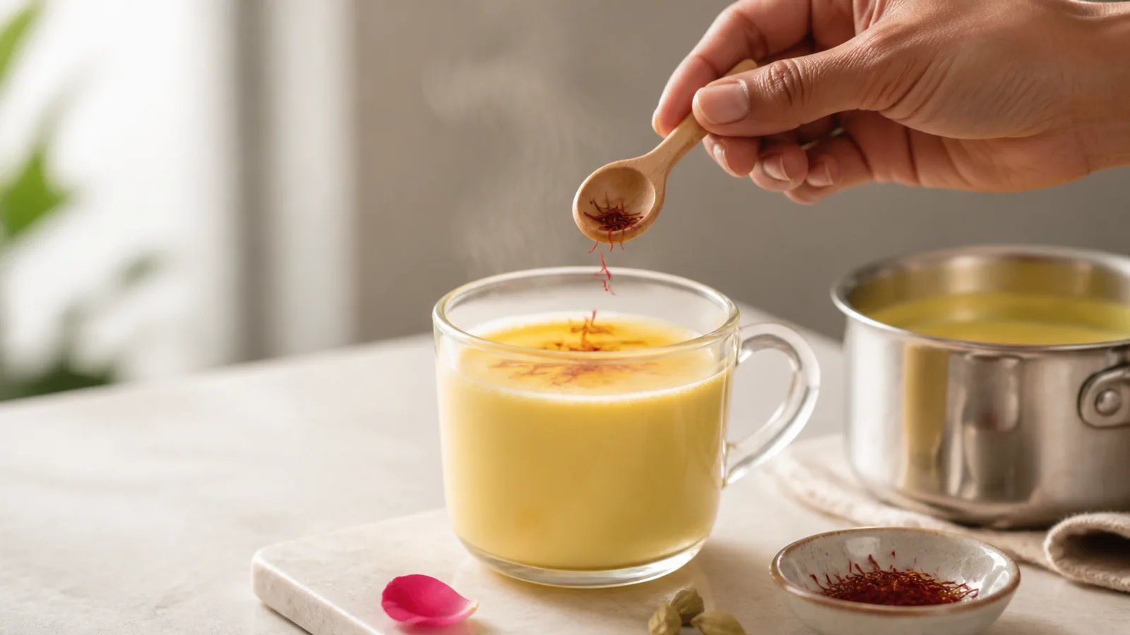 Warm saffron milk with real saffron threads and green cardamom