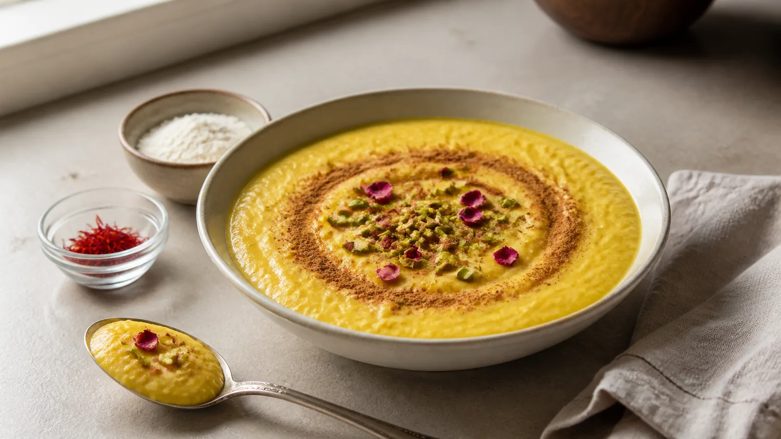 Persian saffron kachi porridge garnished with pistachios and rose petals
