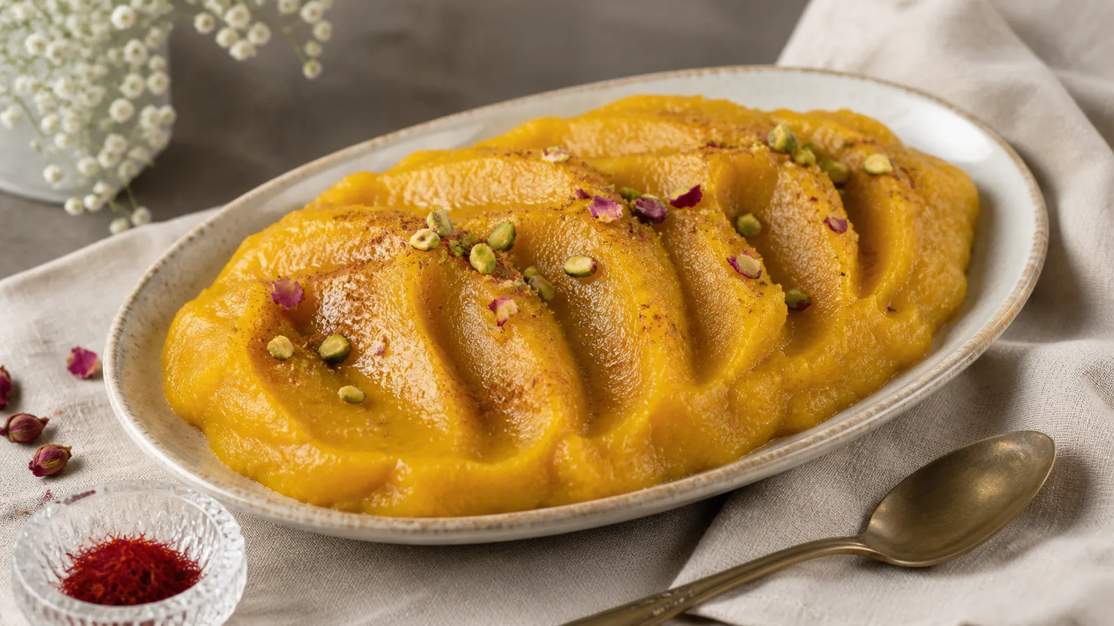 Persian saffron halva shaped on a ceramic plate with pistachios and saffron
