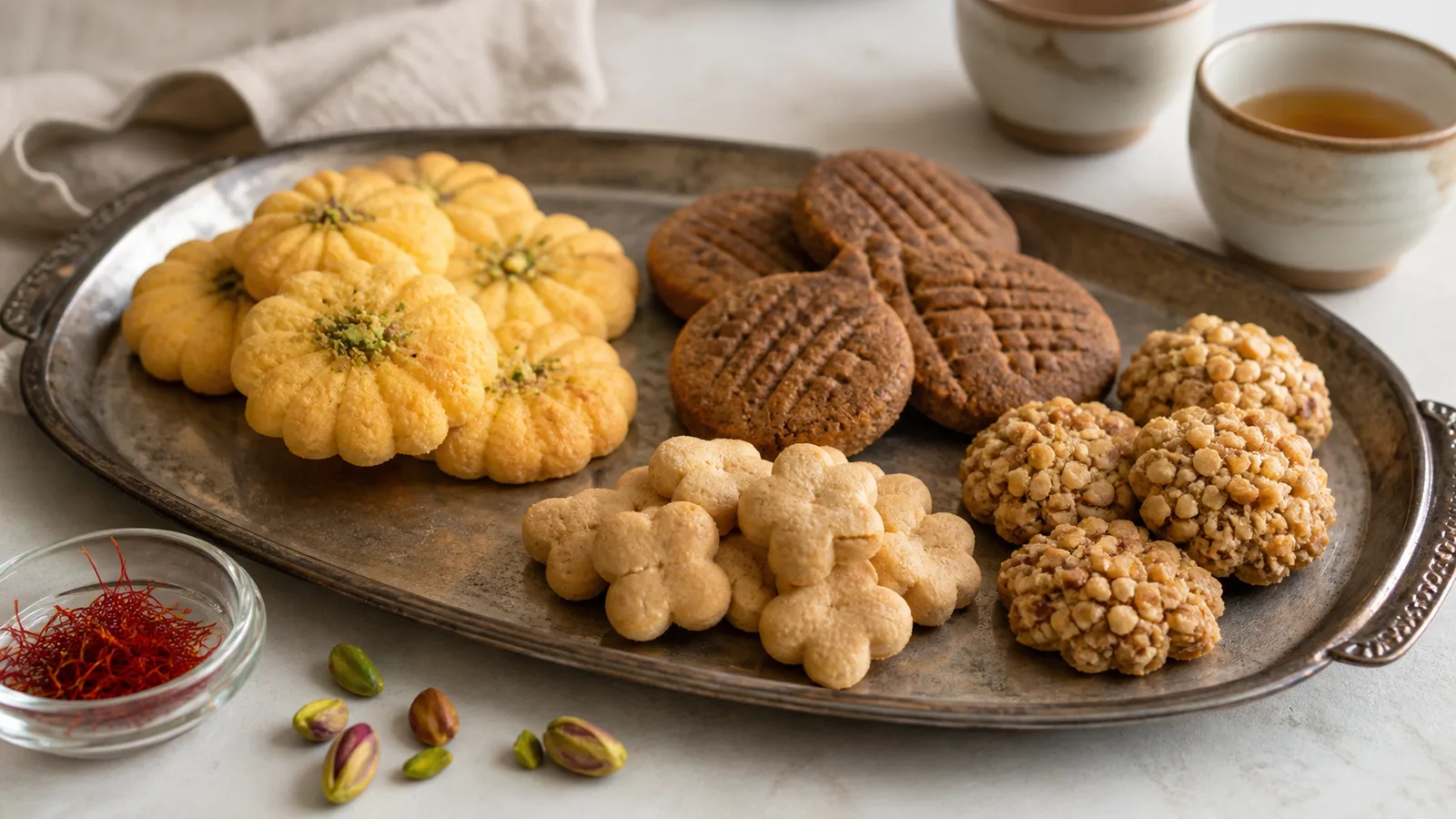 Modern Eid tray with saffron pastries and Persian cookies