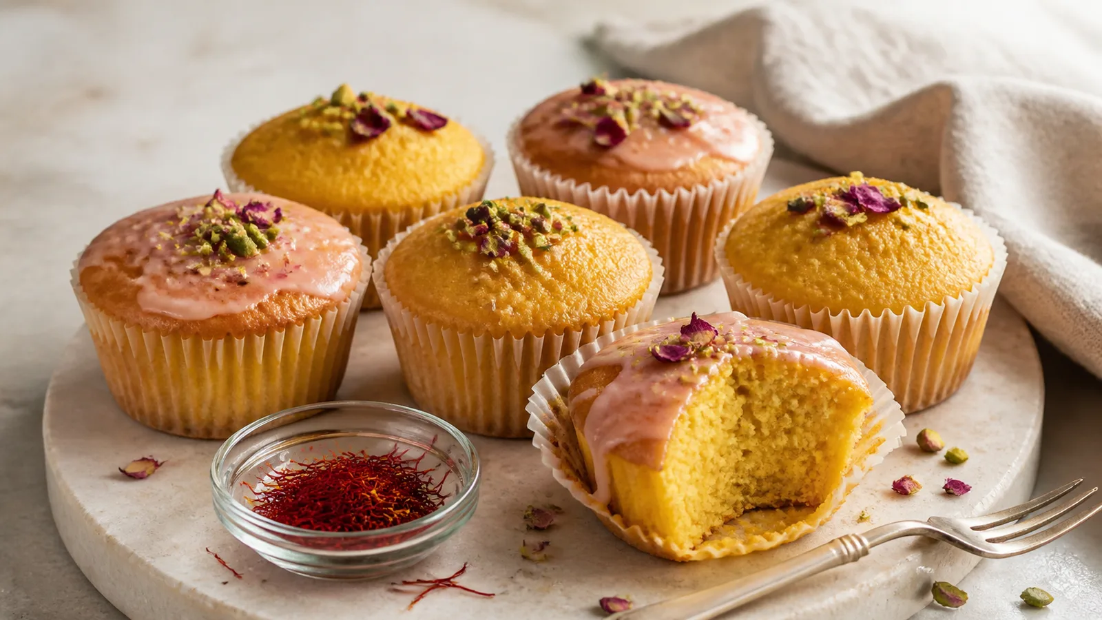 Golden saffron cupcakes with pistachio and rose petal garnish