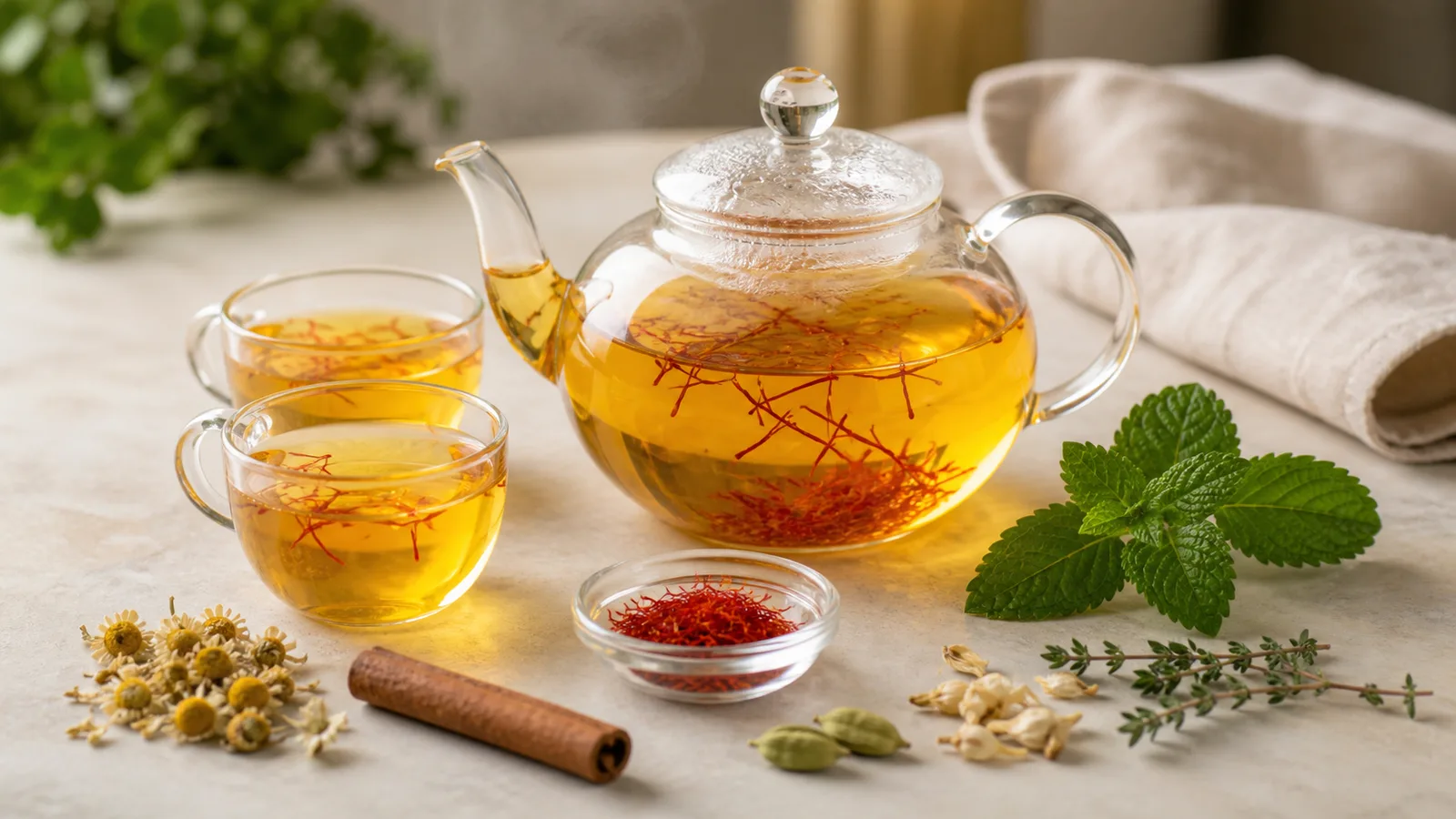 Saffron herbal tea with chamomile cinnamon cardamom and fresh herbs