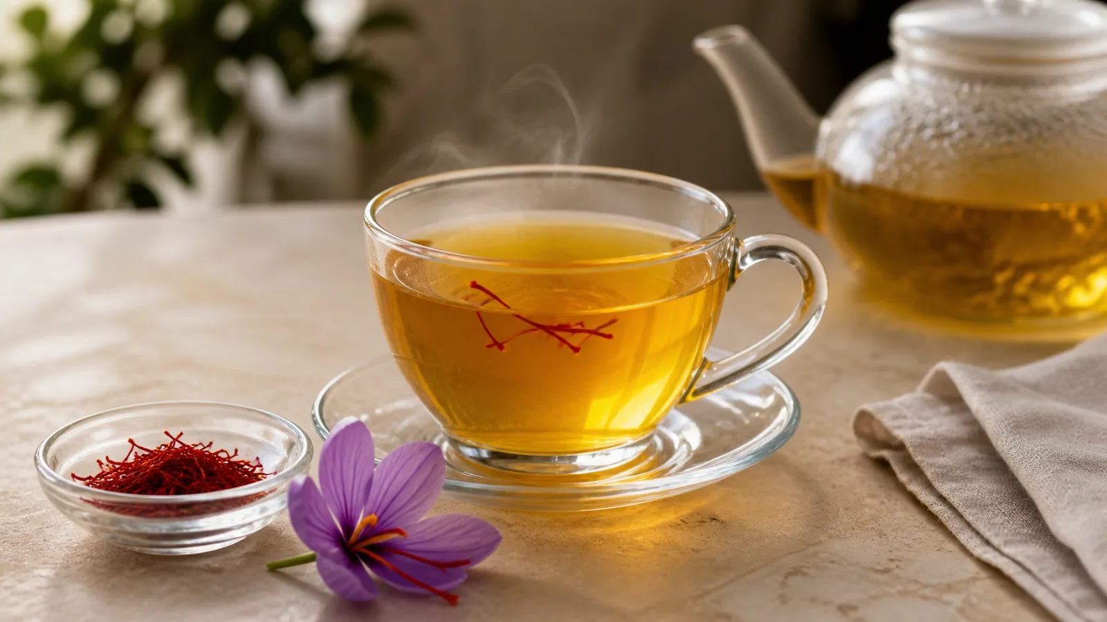 Clear glass cup of golden saffron tea with real saffron threads