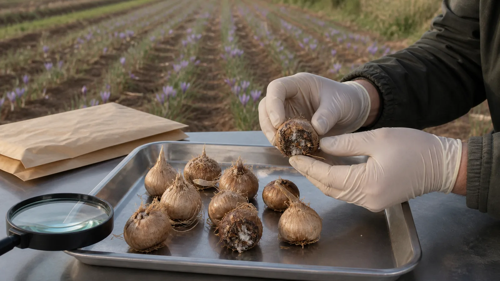 Healthy and rotted saffron corms being inspected before planting