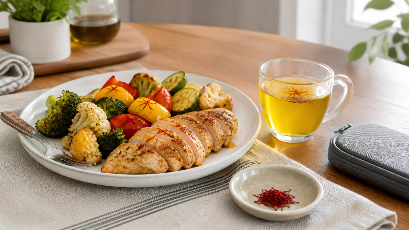 Unsweetened saffron tea and saffron-seasoned vegetables beside a glucose meter