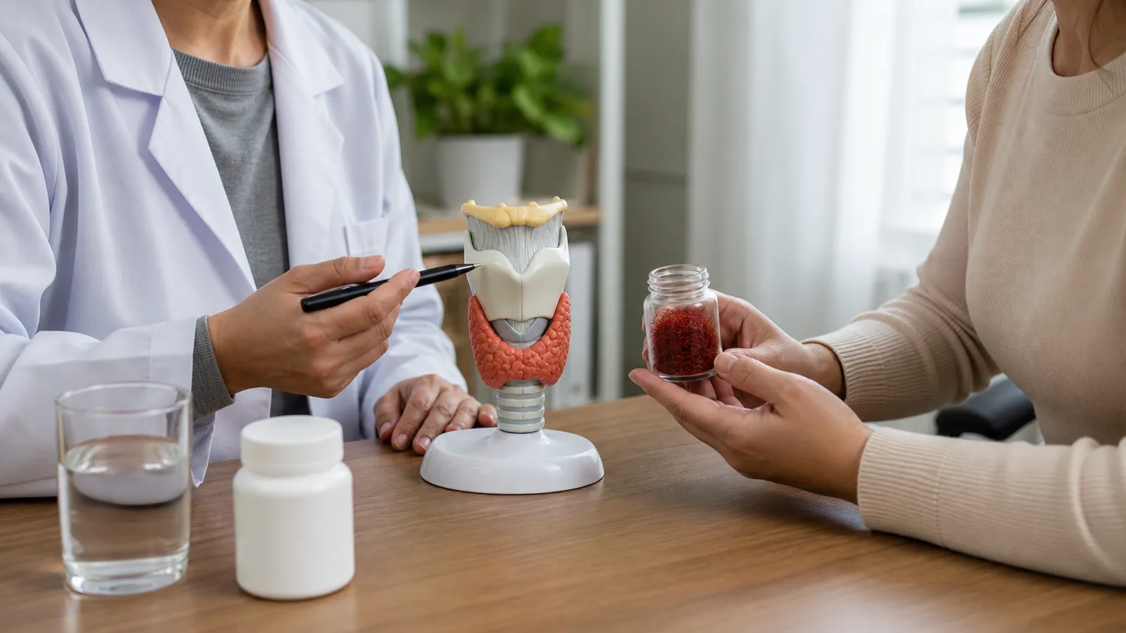 Clinician and patient discussing saffron beside a thyroid anatomy model