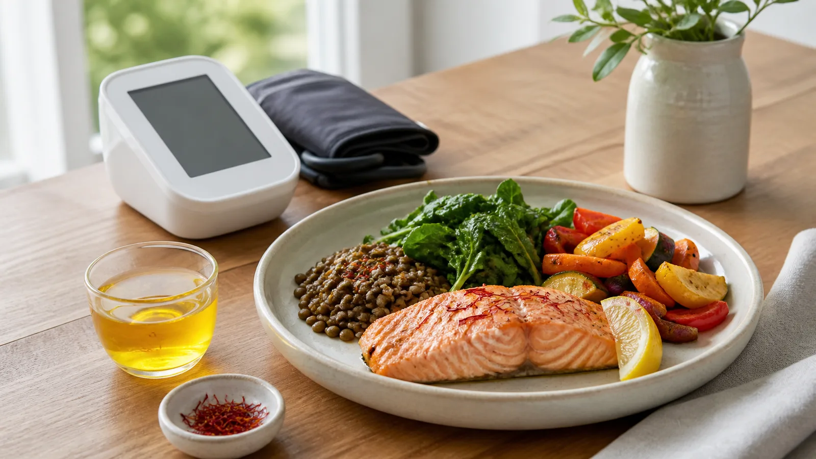Saffron-seasoned salmon and vegetables beside a home blood pressure monitor