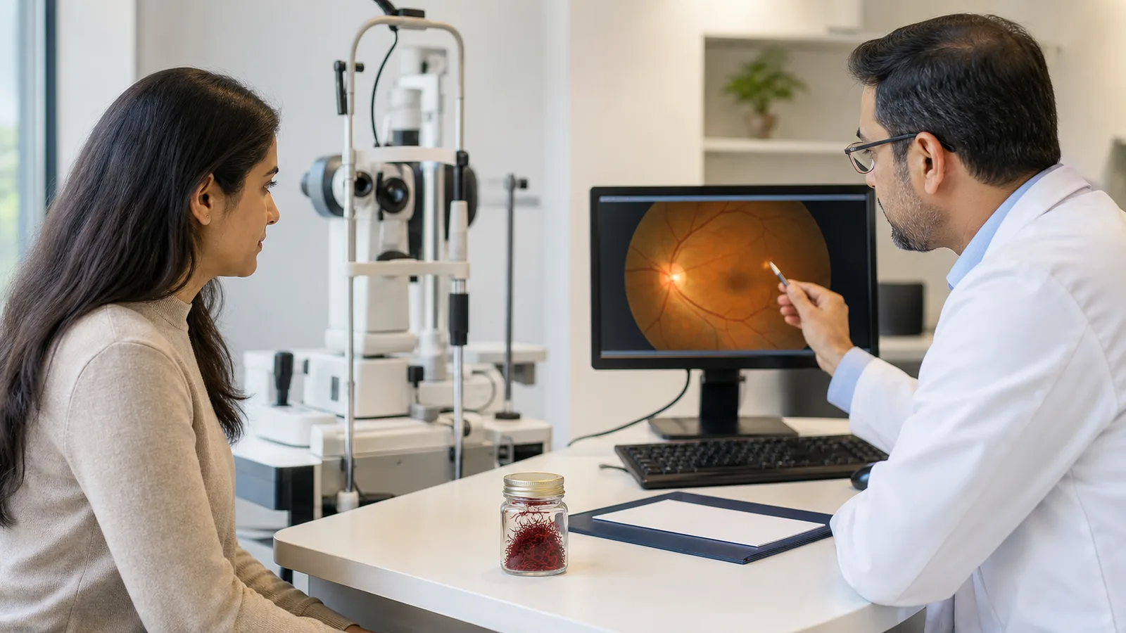 Ophthalmologist discussing a retinal scan with a patient beside a sealed jar of saffron threads