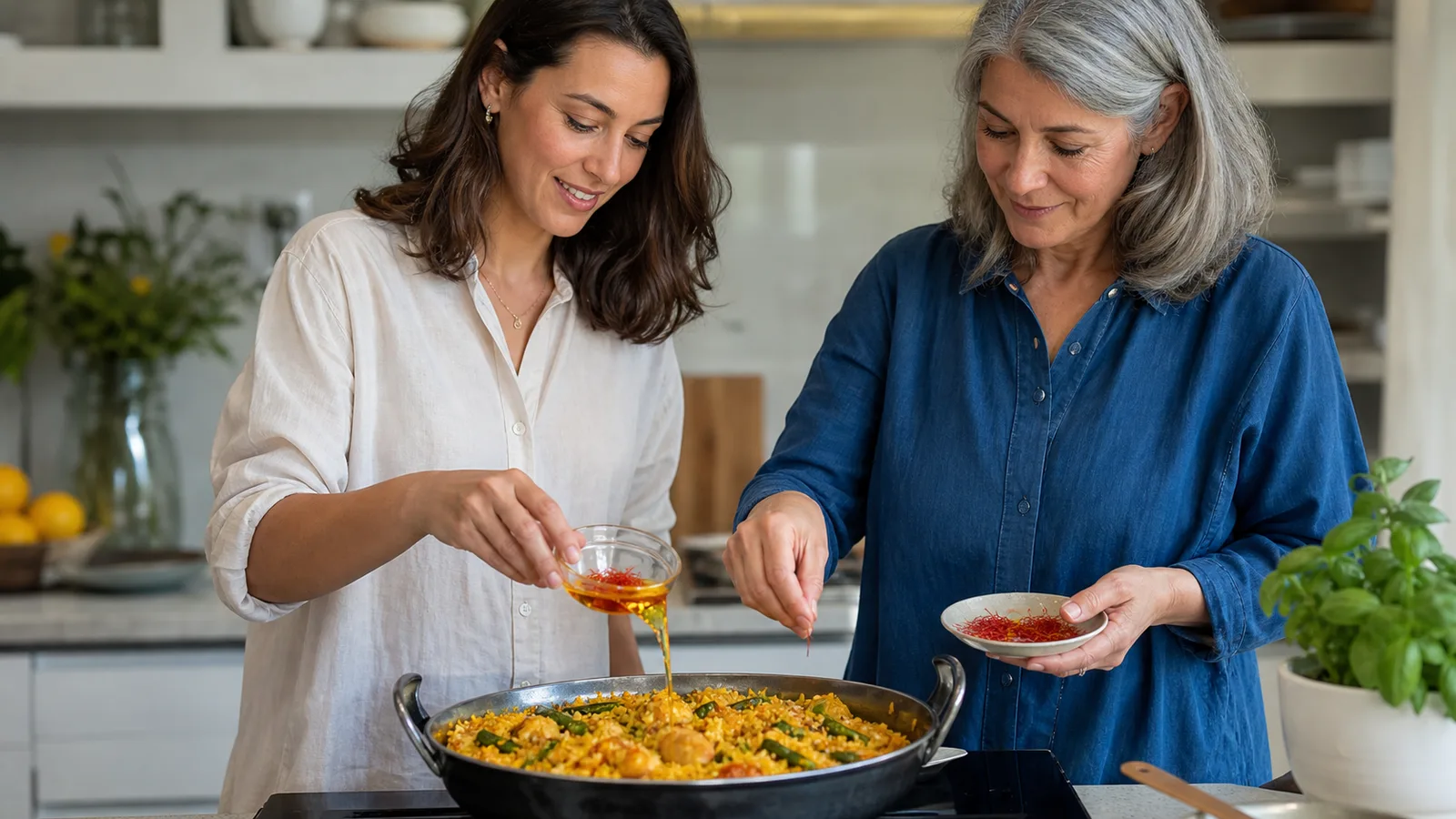 Two adult women preparing saffron rice together in a modern kitchen