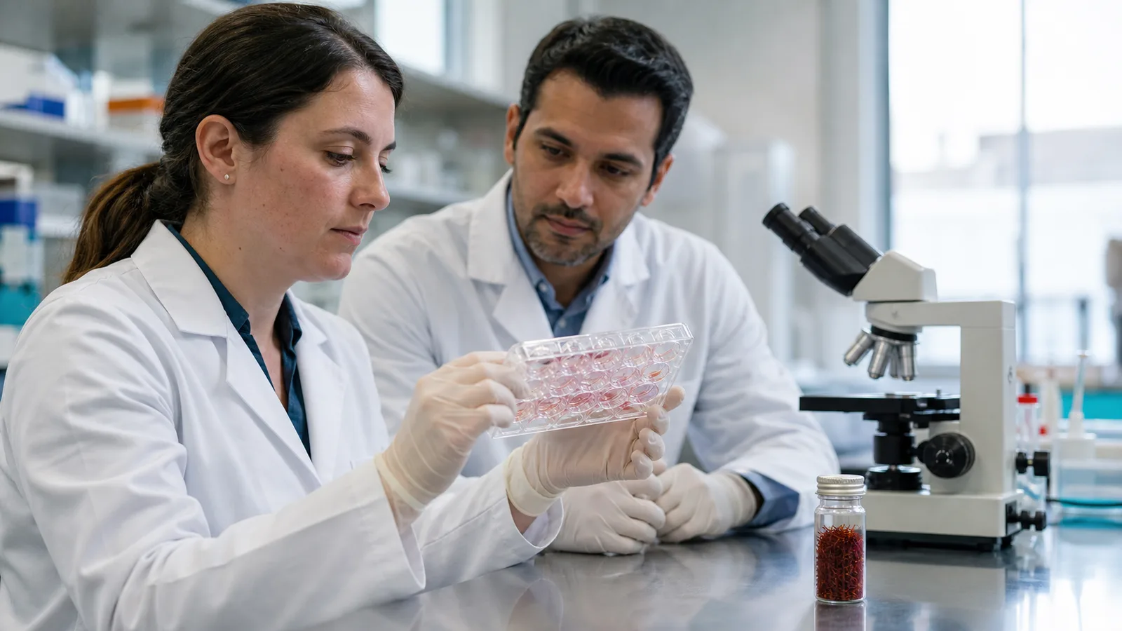 Scientists examining a cell culture beside a microscope and sealed saffron sample