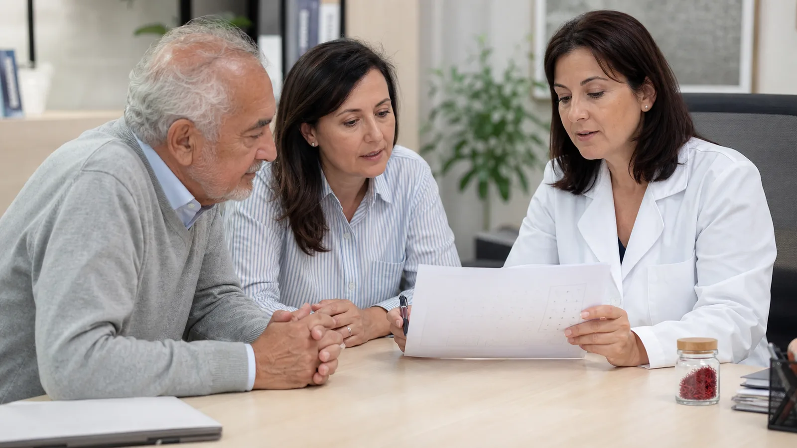 Older adult and family caregiver discussing memory care with a neurologist beside sealed saffron threads