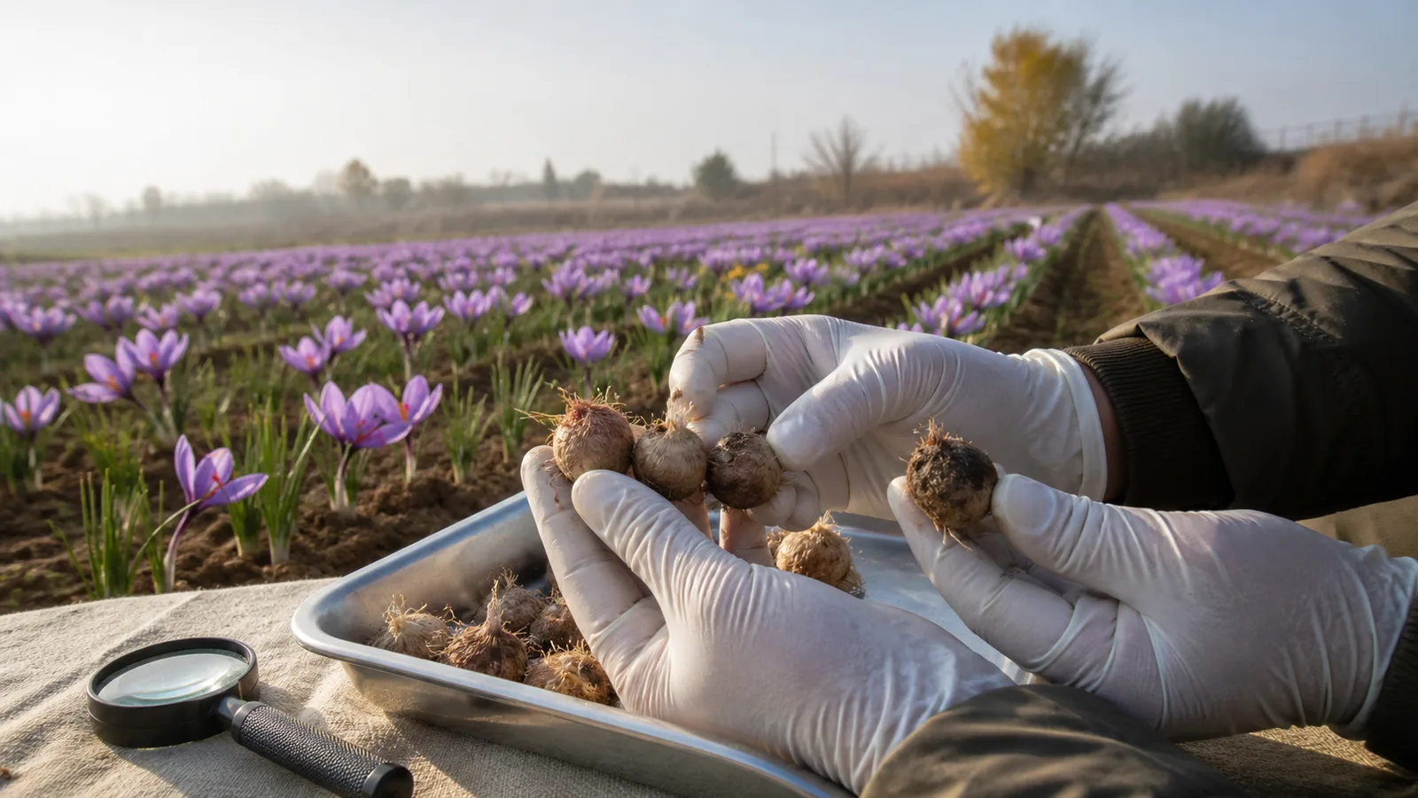 Grower inspecting healthy and diseased saffron corms beside a saffron field
