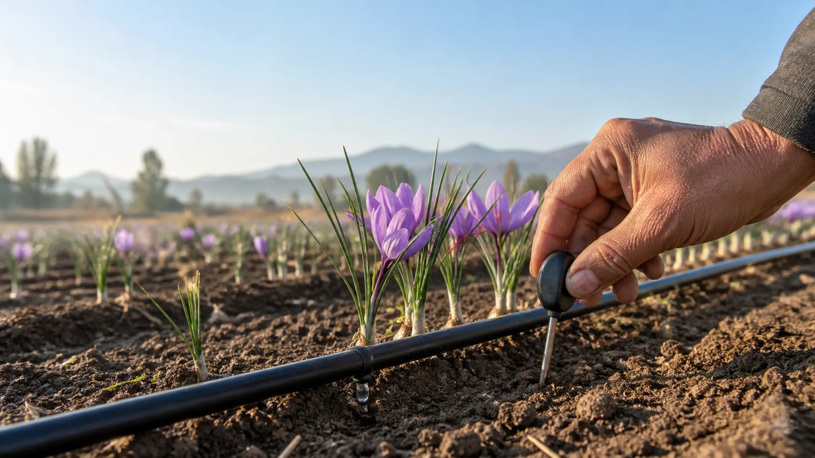 Grower checking soil moisture beside a drip line in a flowering saffron field